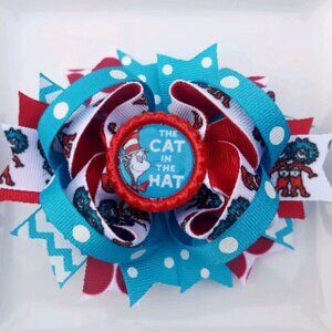 The Cat In The Hat Dr Seuss Red White Turquoise Blue Bottle Cap Hair Bow 5"